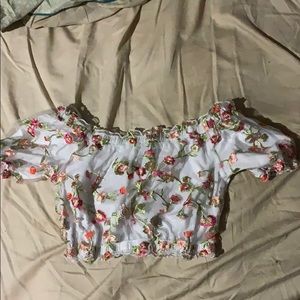 off the shoulder white mesh embroidered top